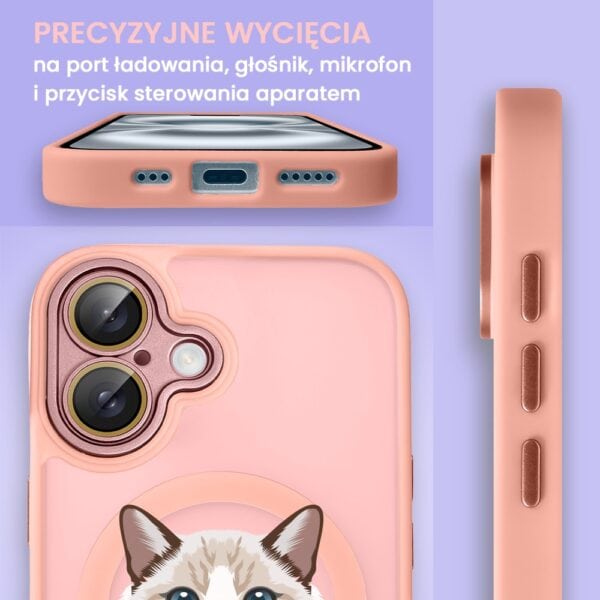Różowe etui na telefon z wycięciami i kotem.