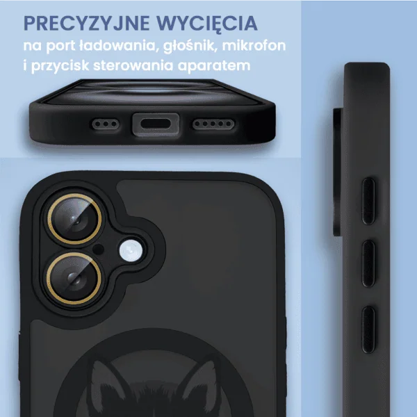 Etui na telefon z kotem i precyzyjnymi wycięciami.