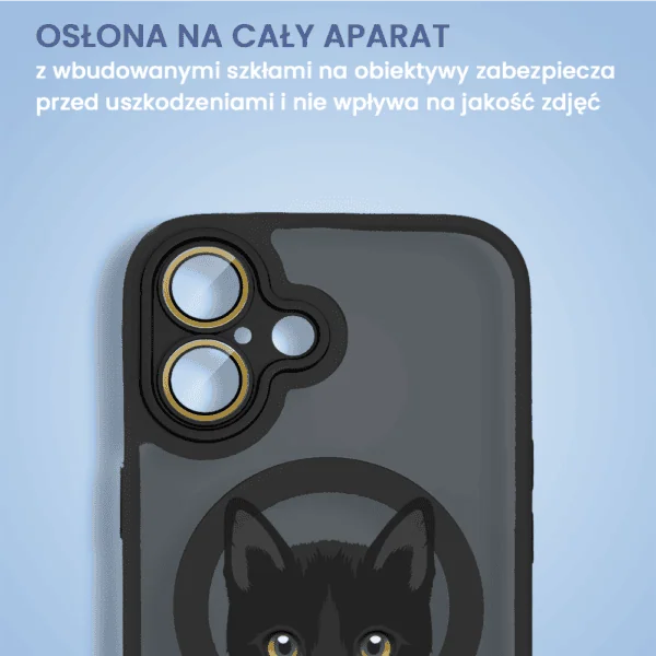Etui na telefon z ochroną aparatu i kotem.