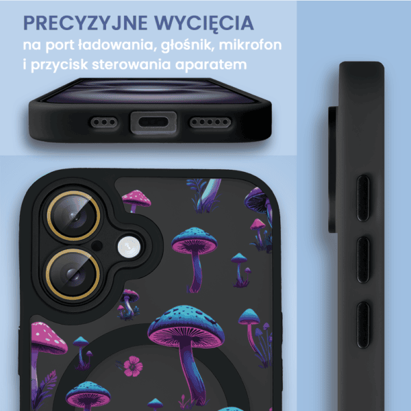 Etui na telefon z grzybami i wycięciami.