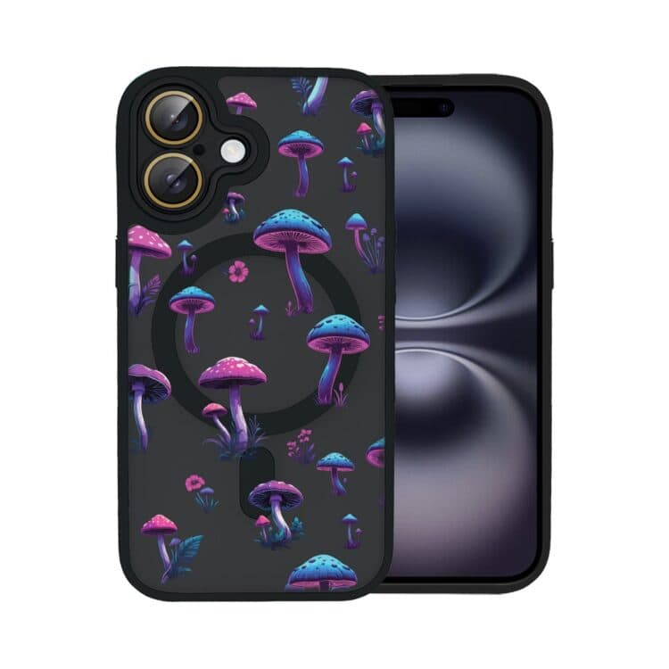 Smartfon z etui w kształcie grzybów.