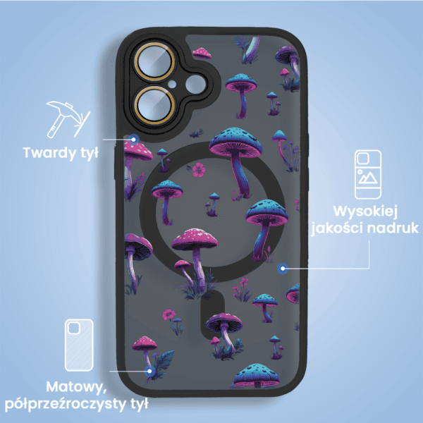 Etui na telefon z wzorem kolorowych grzybów.
