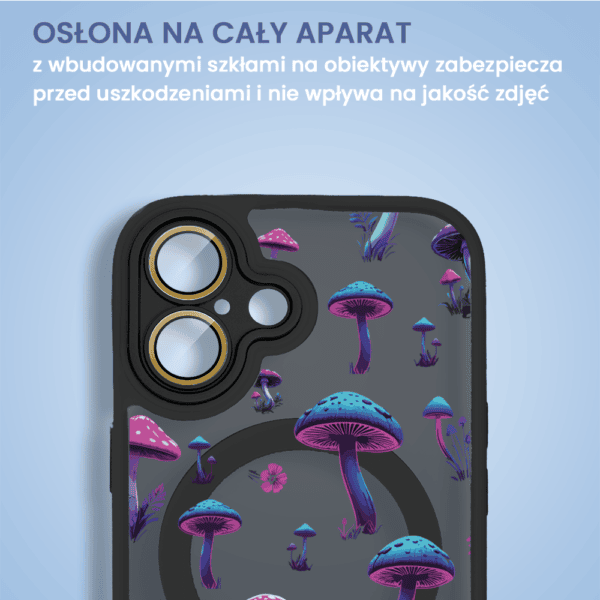 Etui na telefon z wzorem grzybów.
