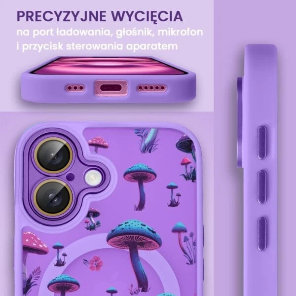 Etui na telefon z grzybami, precyzyjne wycięcia.