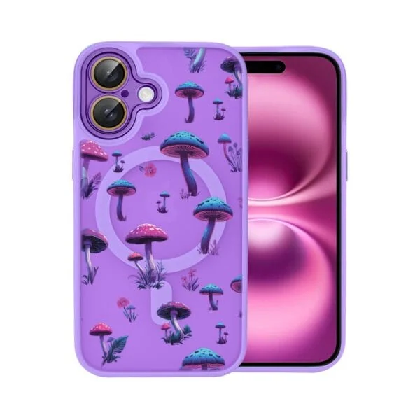 Fioletowe etui na telefon z wzorem grzybów.