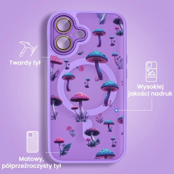 Etui na telefon z kolorowymi grzybami na fioletowym tle.