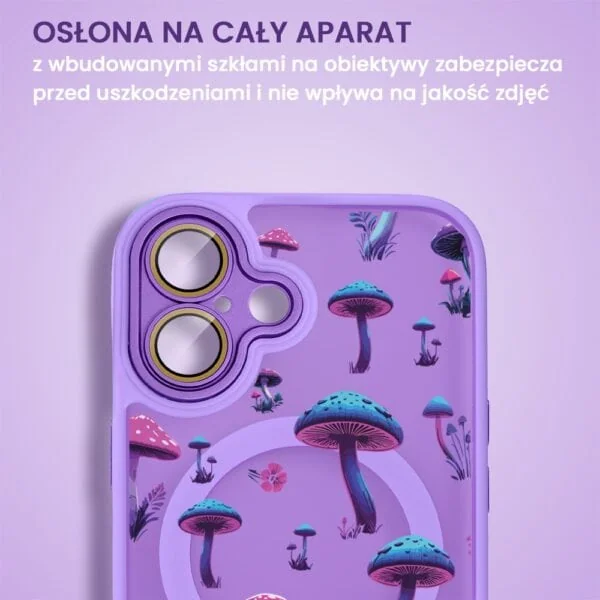 Fioletowe etui na telefon z motywem grzybów i soczewkami.