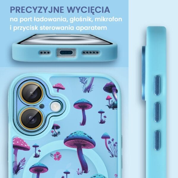 Etui na iPhone z grzybami, precyzyjne wycięcia.
