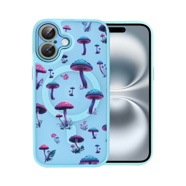 Smartfon z etui z wzorem grzybów.