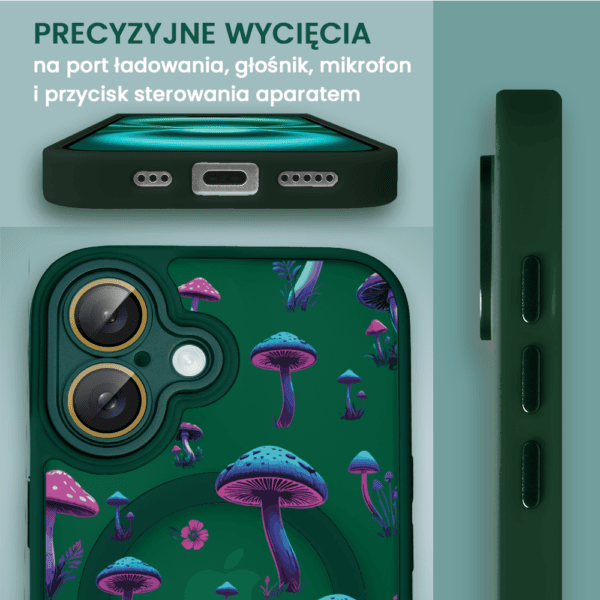 Etui na telefon z grzybami, precyzyjne wycięcia.