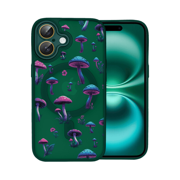 Smartfon z etui w grzyby.