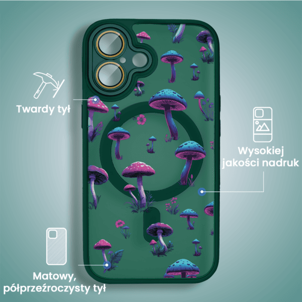 Etui na telefon z motywem grzybów.