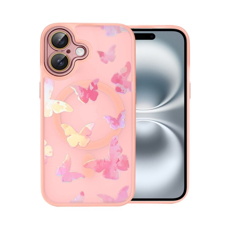Różowy smartfon i etui z motylami.
