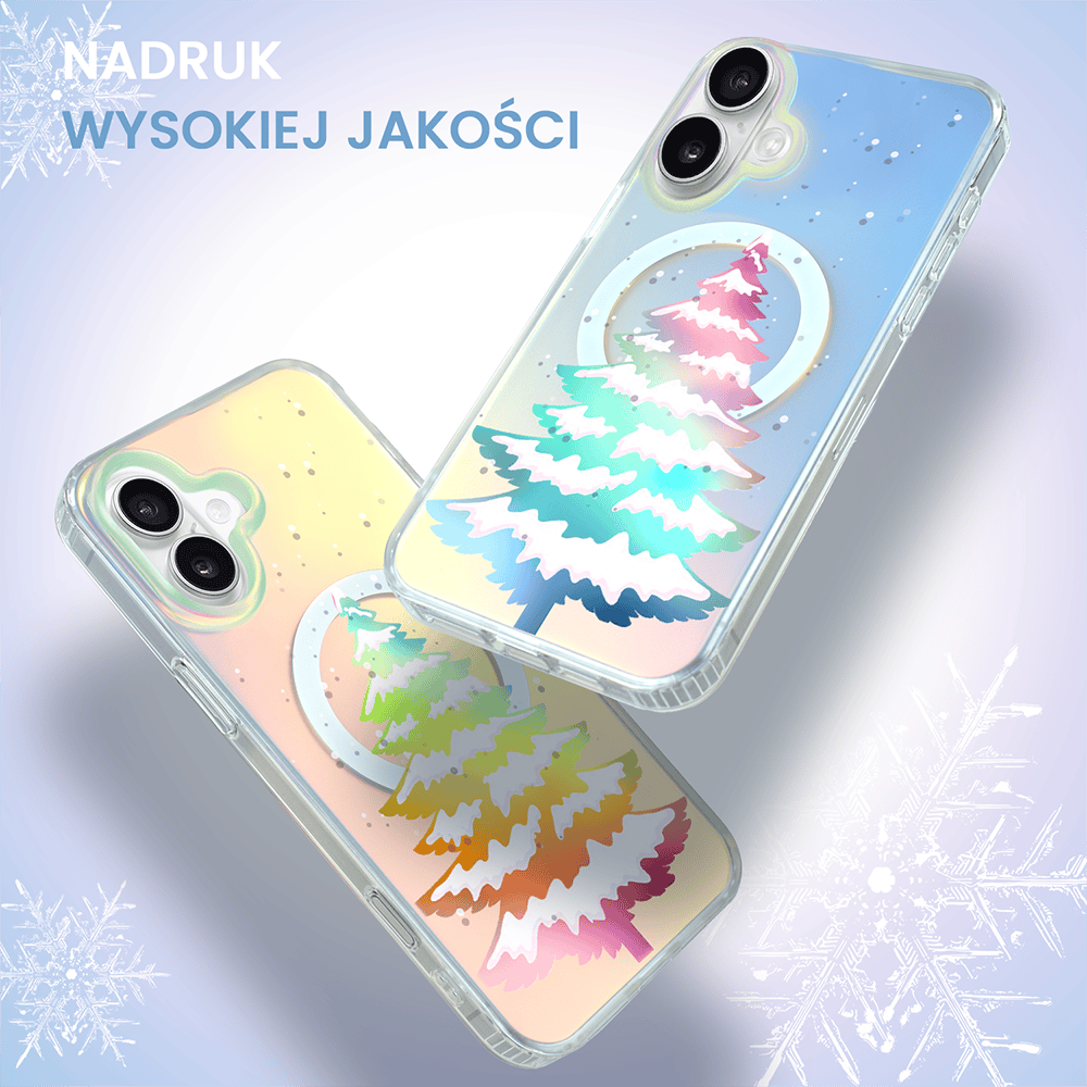 Etui do iPhone 16 MagSafe Christmas, choinkowa aurora, zmieniające kolor (4) Etui na telefon z kolorowymi choinkami i śnieżynkami.
