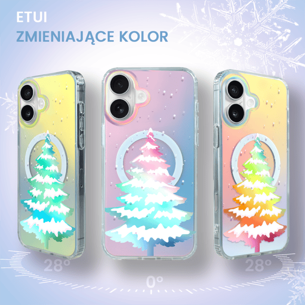 Etui do iPhone 16 MagSafe Christmas, choinkowa aurora, zmieniające kolor (5) Etui na telefon z termicznym wzorem choinki.