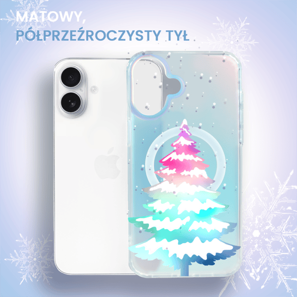 Etui do iPhone 16 MagSafe Christmas, choinkowa aurora, zmieniające kolor (6) iPhone z etui świątecznym i choinką.