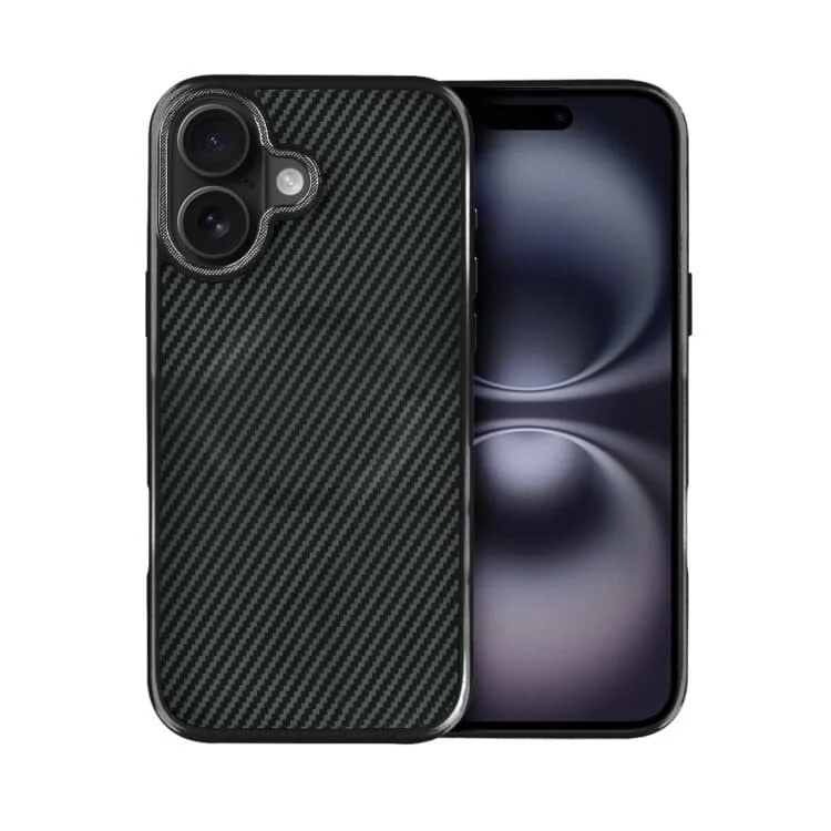 Czarny smartfon z podwójnym aparatem i carbonowym etui.