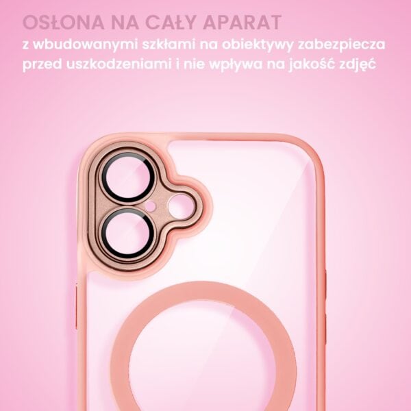 Różowa osłona aparatu telefonu z ochronnymi szkłami.