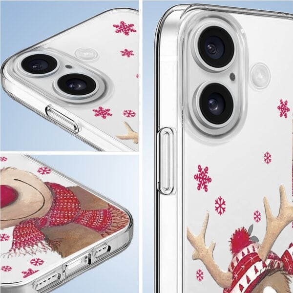 Pokrowiec na telefon z reniferem i śnieżynkami.