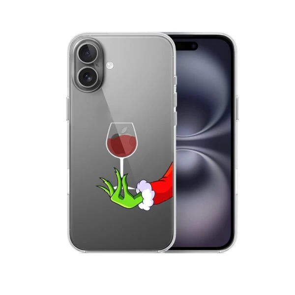 Etui do iPhone 16 Plus, zielony psotnik z lampką wina, przeźroczyste (1) Smartfon z naklejką kieliszka na smoczym ogonie.