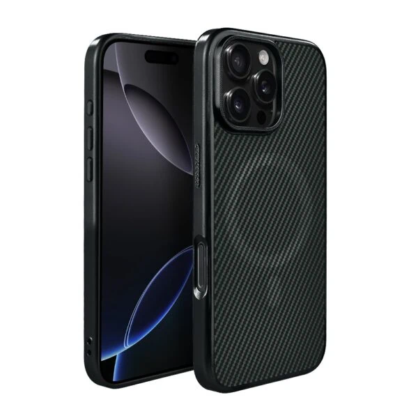 Czarny smartfon z trójwymiarową teksturą etui.