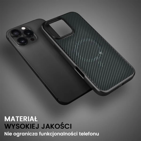 Czarny etui na smartfon z karbonowym wzorem.