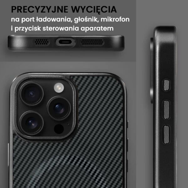 Etui na smartfon z wycięciami i węglowym wzorem.