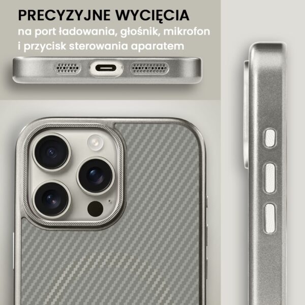 Smartfon srebrna obudowa, szczegółowe wycięcia.