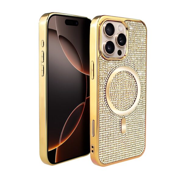 Złoty smartfon z kryształową obudową.