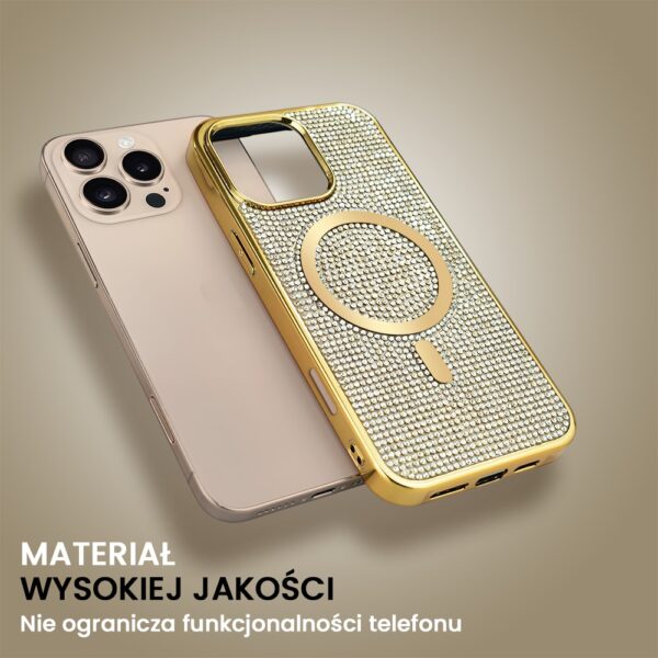 Złote etui na telefon z kryształkami.