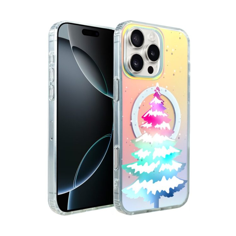 Etui do iPhone 16 Pro Max MagSafe Christmas, choinkowa aurora, zmieniające kolor (2) iPhone z kolorowym etui choinkowym.
