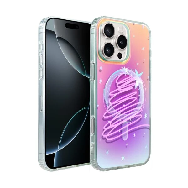 Etui do iPhone 16 Pro Max MagSafe Christmas, neonowa choinka, zmieniające kolor (2) iPhone w kolorowym, przezroczystym etui z motywem kosmicznym.