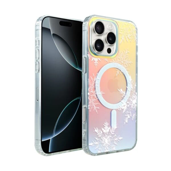 Etui do iPhone 16 Pro Max MagSafe Christmas, płatki śniegu, zmieniające kolor (2) iPhone z kolorowym etui i wzorem lodu.