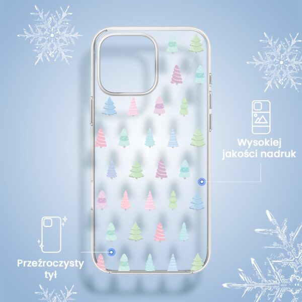 Etui na telefon z choinkami, przeźroczysty tył.