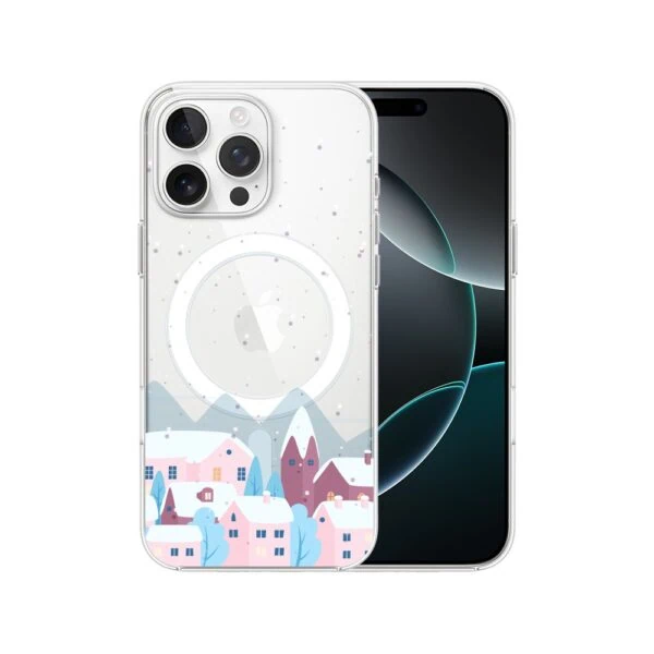 Etui do iPhone 16 Pro Max, domki w zimie, przeźroczyste (3) Nowoczesny smartfon z potrójnym aparatem i wzorem miasteczka.