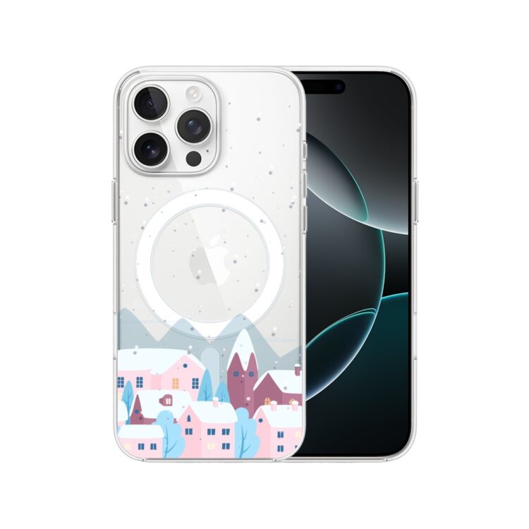 Etui do iPhone 16 Pro Max, domki w zimie, przeźroczyste (3) Nowoczesny smartfon z potrójnym aparatem i wzorem miasteczka.