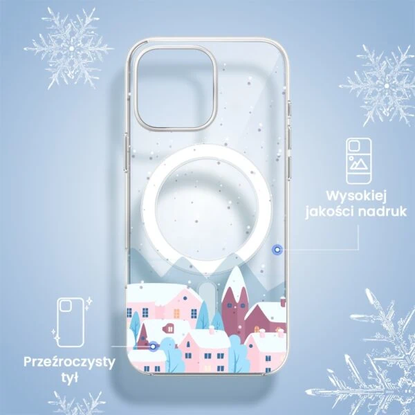 Etui do iPhone 16 Pro Max, domki w zimie, przeźroczyste (4) Etui na telefon z zimowym pejzażem.