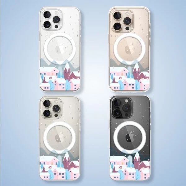 Etui do iPhone 16 Pro Max, domki w zimie, przeźroczyste (5) Etui na iPhone z miasteczkiem i porami roku.