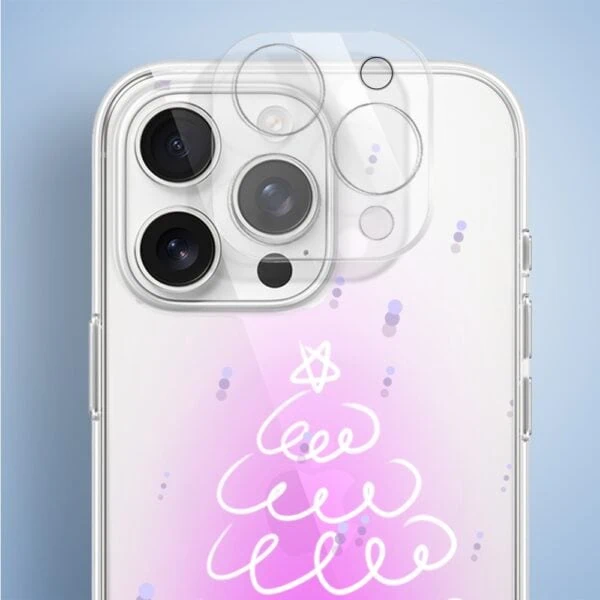 Etui do iPhone 16 Pro Max, malowana choinka na różowym świetle, przeźroczyste (3) Tył smartfona z potrójnym aparatem i dekoracją.