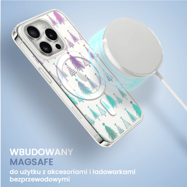Etui do iPhone 16 Pro Max, świąteczny las choinek, przeźroczyste (7) Smartfon z MagSafe i kolorową grafiką, ładowanie indukcyjne.