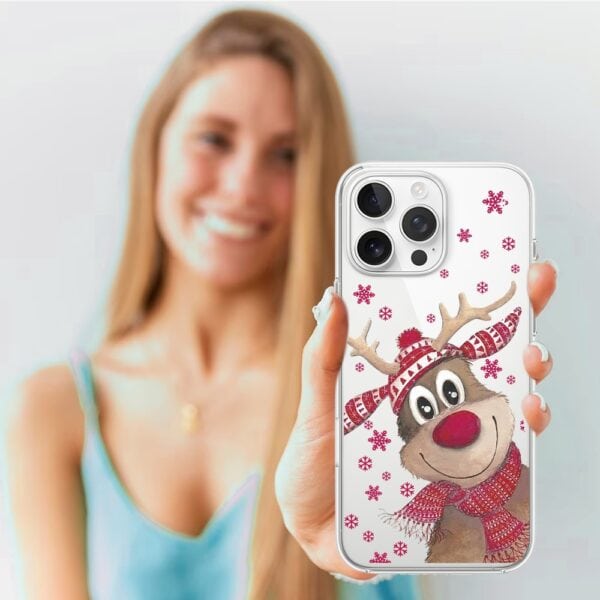 Etui do iPhone 16 Pro Merry Christmas świąteczny nadruk, renifer (5) Kobieta z etui na telefon z reniferem.