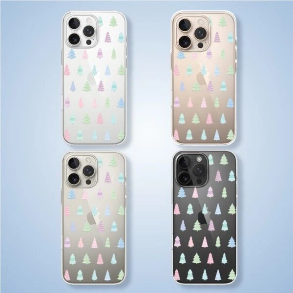 Etui na telefon z kolorowymi choinkami.