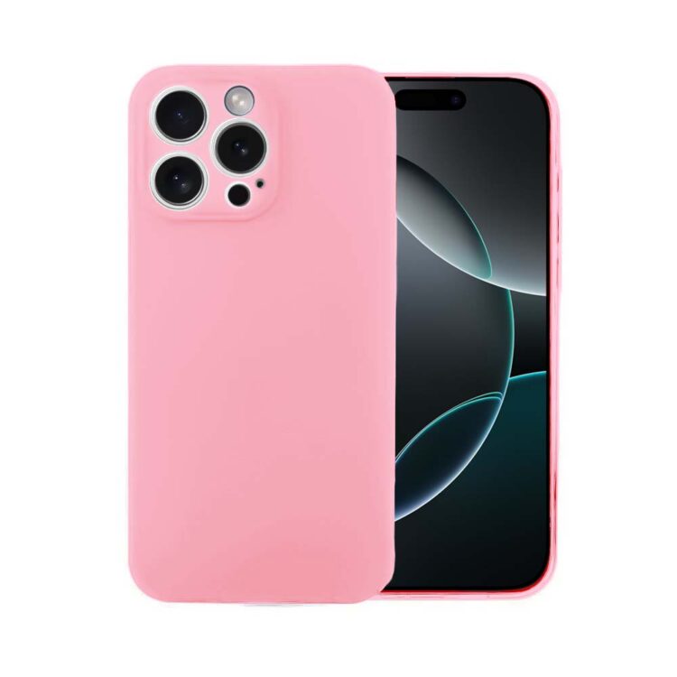 Różowy smartfon w etui na białym tle.