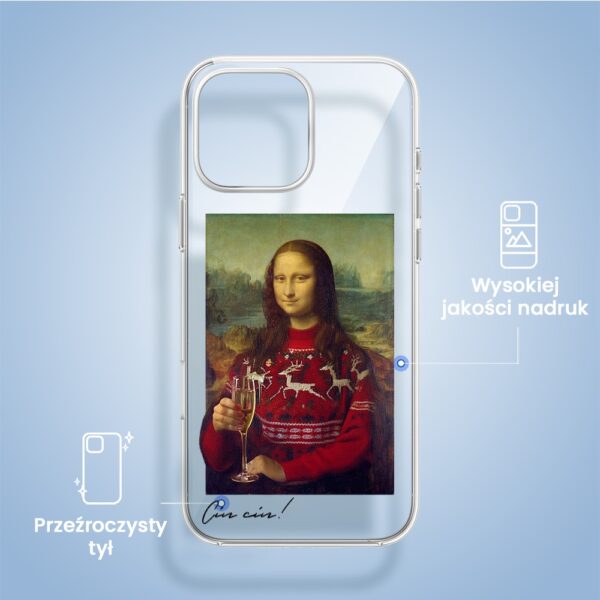 Etui na telefon z Mona Lisą w świątecznym swetrze.