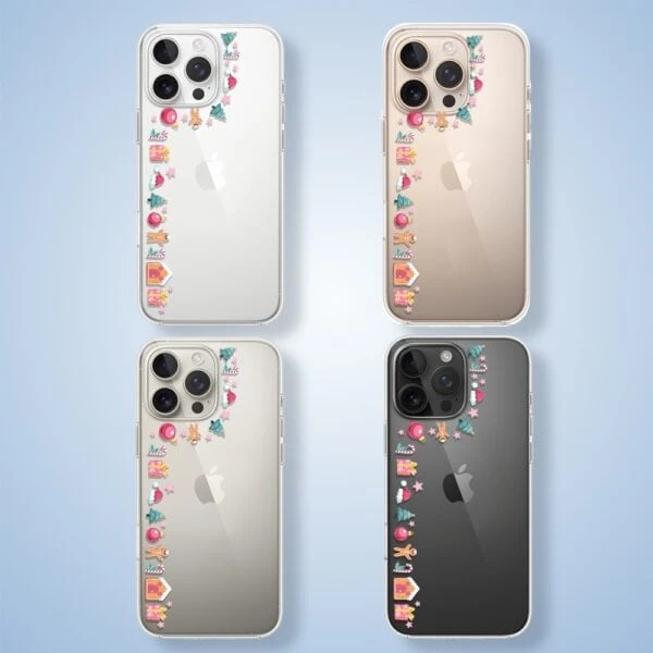 Cztery iPhone'y z naklejkami na tle.