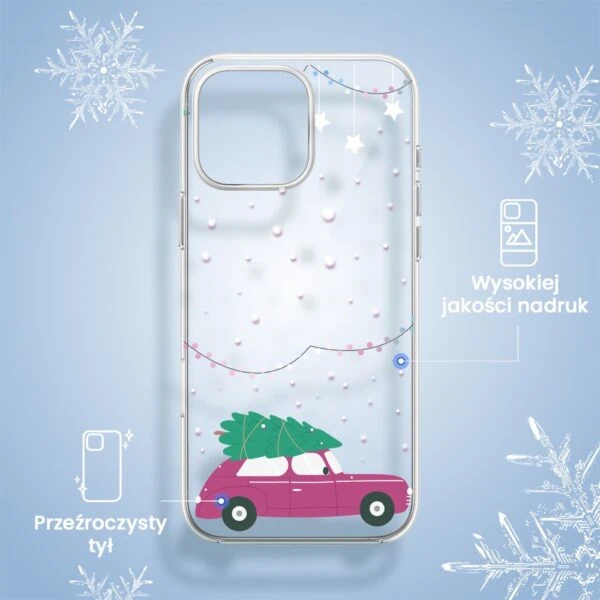 Etui na telefon z motywem świątecznym i samochodem.