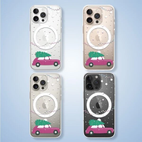 Pokrowce na iPhone z samochodem i choinką.