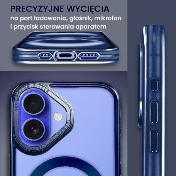 Niebieski smartfon, precyzyjne wycięcia, aparat, porty.