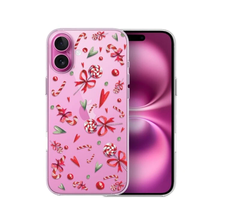 Etui do iPhone 16, cukierki świąteczne (2) Różowy smartfon z bożonarodzeniowym etui.