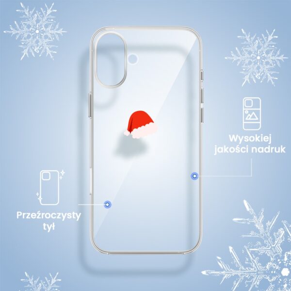 Etui do iPhone 16, czapka Mikołaja (3) Przezroczyste etui na telefon z mikołajkowym motywem.